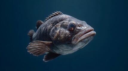 Detailed close up of a solitary textured fish with prominent eyes swimming in deep dark blue ocean water