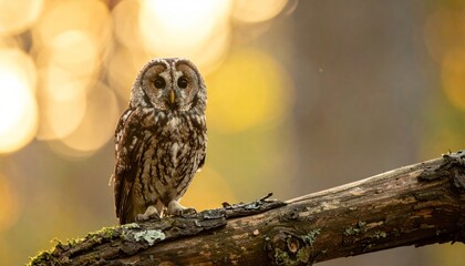 Tawny Owl Perched on a Branch in Autumn Light.
