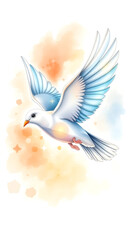 Obraz premium White dove flying with wings spread against soft watercolor background 