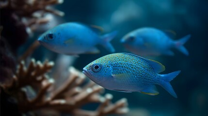 A school of vibrant blue fish swims near a coral reef in the deep ocean