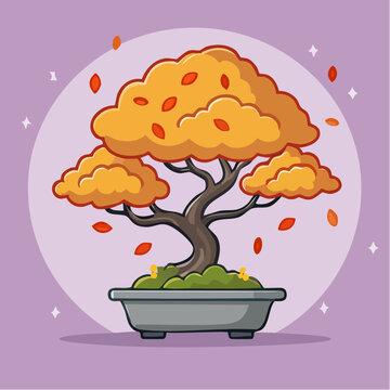 Cartoon bonsai tree with orange leaves in a gray pot on a purple background.