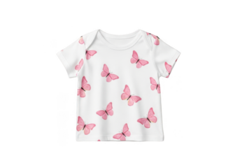 A white t-shirt with pink butterflies on transparent background