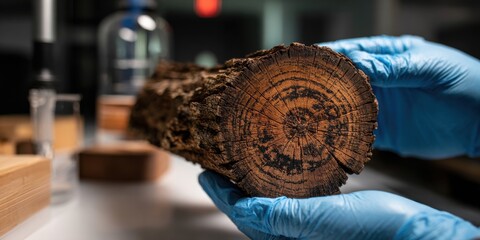 Close Up Of A Thick Tree Trunk With Visible Growth Rings Held By Blue Gloved Hands In A Lab