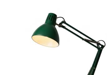 A green desk lamp with a transparent background, providing focused lighting for tasks and activities