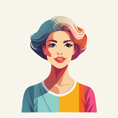 Illustration of a woman with colorful hair and a rainbow shirt, smiling against a white background.