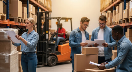Workers in a warehouse aisle examine documents and boxes with shelves and a forklift nearby