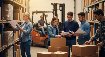 A diverse warehouse team conducts an inventory with a fair-skinned woman leading, surrounded by shelves, boxes, and a forklift in the background.
