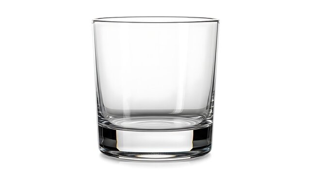 A clean empty glass tumbler sits isolated on a white surface