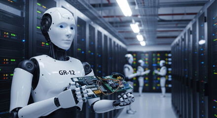 A robot reaches down from above to hold circuit board in a server room.