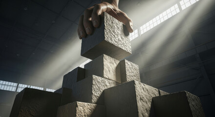 A hand stacking large cardboard boxes in a dimly lit warehouse interior filled with rows of stacked boxes.