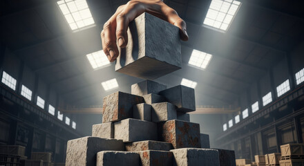 A hand is placing a block on top of a stack of industrial concrete blocks in a warehouse.