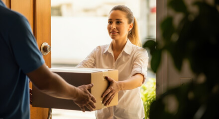 A delivery person hands a package to a smiling woman at her doorway with plants around.