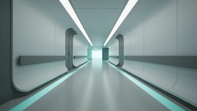 A futuristic white hallway illuminated by linear ceiling lights leads to a bright doorway in the distance