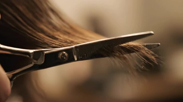 A close-up view of hair being cut by scissors. The scissors are open, about to trim