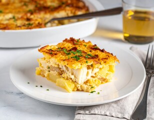 Bacalhau com natas is served on a plate with a glass of drink at a dining table