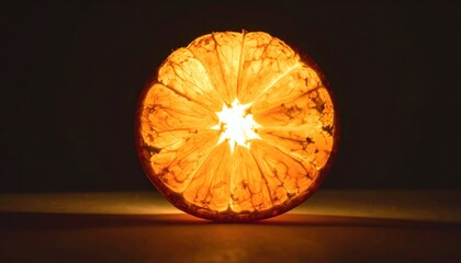Translucent Orange Slice - A Glowing Citrus Delight on Dark Background.