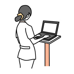 看護師がノートパソコンで電子カルテを入力する様子を描いたイラスト素材｜医療現場での記録業務やデジタル管理を後ろ姿で表現したシンプルな人物イラスト