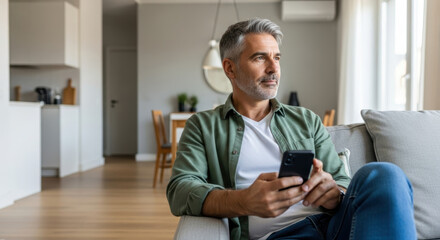 A middle-aged man with salt and pepper hair sits on a couch in a modern living room and uses his smartphone.
