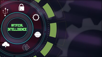 Artificial intelligence text in glowing green letters within a futuristic digital hud interface, featuring icons for cybersecurity and cloud computing. - Powered by Adobe