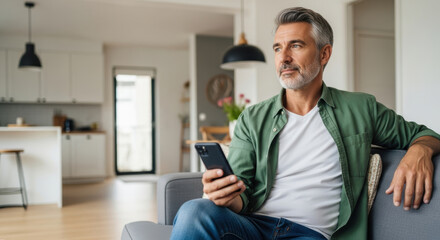 A middle-aged man with salt and pepper hair sits on a couch in a modern living room holding a smartphone and looking relaxed.