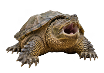 A snapping turtle with its mouth open on transparent background