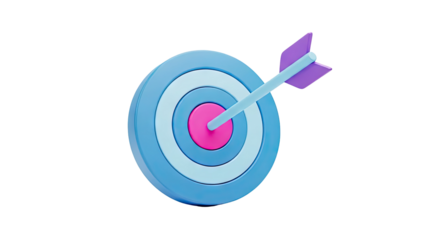 3D Arrow Hitting Bullseye on Target on transparent background