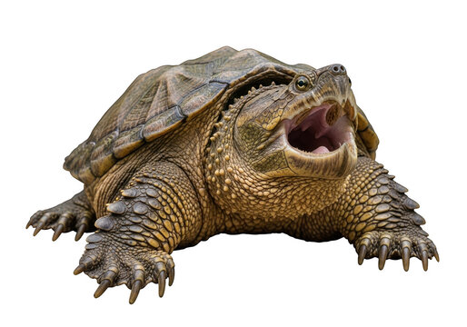 A snapping turtle with its mouth open on transparent background