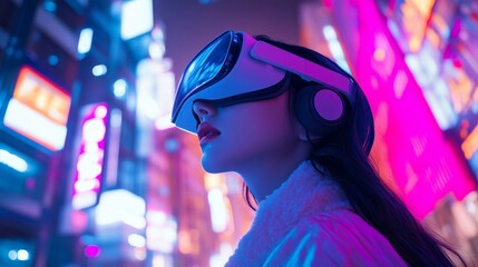A woman experiences a futuristic virtual reality world. Neon lights illuminate the city around her. The adventure awaits in her imagination. Generative AI