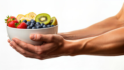 man holding a bowl of fruit