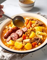 Homemade Cozido &agrave; Portuguesa showcases Portuguese cuisine in a bright kitchen setting with rich flavors and ingredients