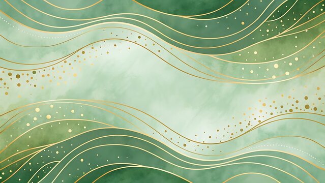 Abstract olive green watercolor wash with shimmering gold lines and dots