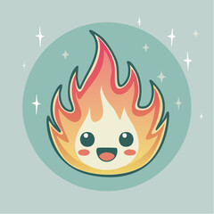 Cute cartoon flame with a happy face on a light blue background.