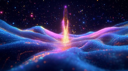 An ethereal landscape emerges from cosmic waves. Vibrant colors dance in a mesmerizing display. Explore this journey through the universe. Generative AI