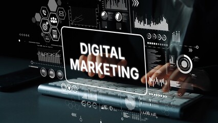 Digital Marketing Concept with Futuristic Data Visualization and Hands on Keyboard in Modern Office Setting. Asymptotic smart data analytic.