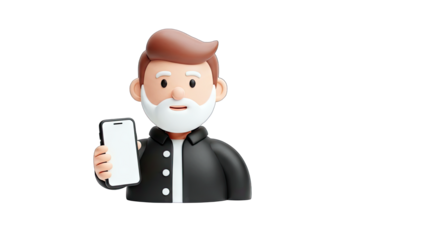 3D cartoon man holding a smartphone with a blank screen on transparent background