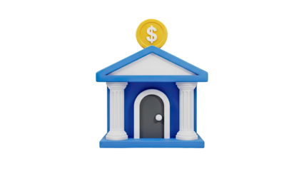 3D Bank Building Icon with Dollar Coin on transparent background