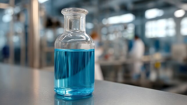A laboratory vial filled with vibrant blue liquid rests on a metallic surface with a blurred scientific research facility in the background - Powered by Adobe