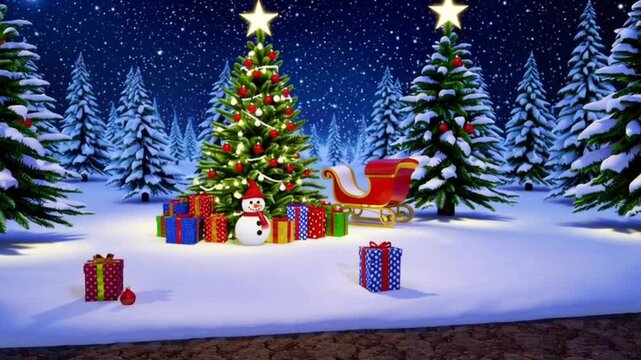 3d christmas design christmas tree with snowman with gifts sleigh and snow background
