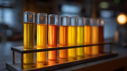 A row of test tubes filled with colorful liquids in a laboratory rack illuminated by warm light