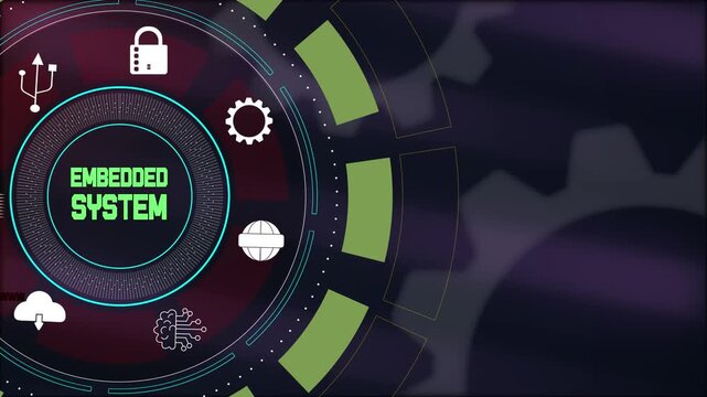 Embedded system design and hardware integration concept, showing a glowing digital interface with neon green typography and industrial gear icons.