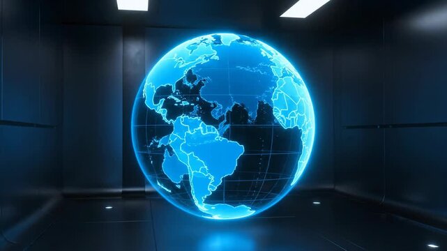 Glowing globe floating in futuristic interior, emitting a cool blue light. The globe is rendered with lines outlining continents