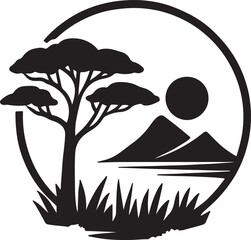 Serene african savanna landscape with acacia tree, mountains, and sun silhouette.