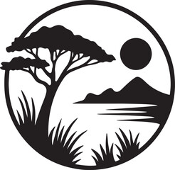 Minimalist circular savanna landscape with a tree, mountains, water, and sun