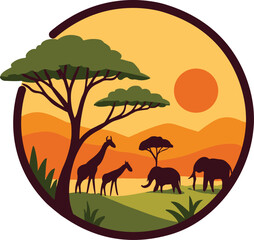 African savanna wildlife scene with giraffes and elephants under a vibrant sunset.