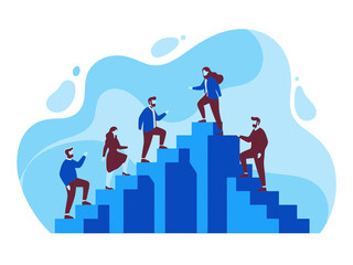 Team of business people climbing stairs together to reach the top of a mountain