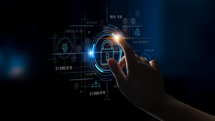 Cybersecurity system interface with biometric lock and data protection. Cybersecurity protects access, identity, cyber security prevents threats, and cyber security supports digital systems. Latch