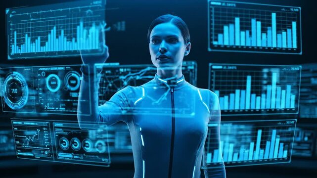 A woman is interacting with holographic displays showing financial data, charts, and graphs