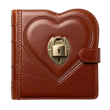 Vintage brown leather diary with heart shape stitching and gold padlock on transparent background