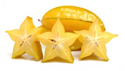 A group of fresh starfruit with glossy skin and visible ridges, showcasing their unique geometry and vibrant color. Perfect for wellness campaigns, tropical ingredient visuals. 