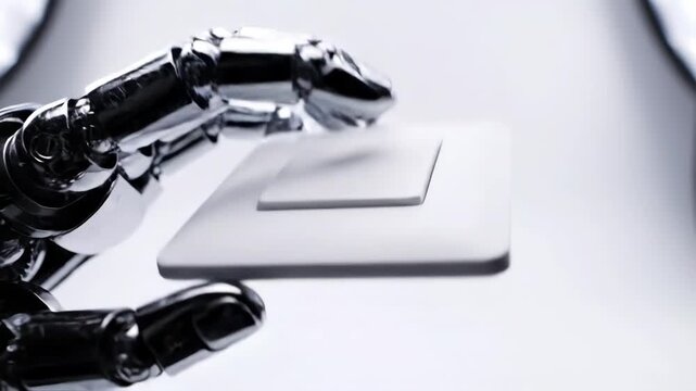 A metallic robot hand delicately holds a white square device against a neutral background The scene is brightly lit highlighting textures and contours